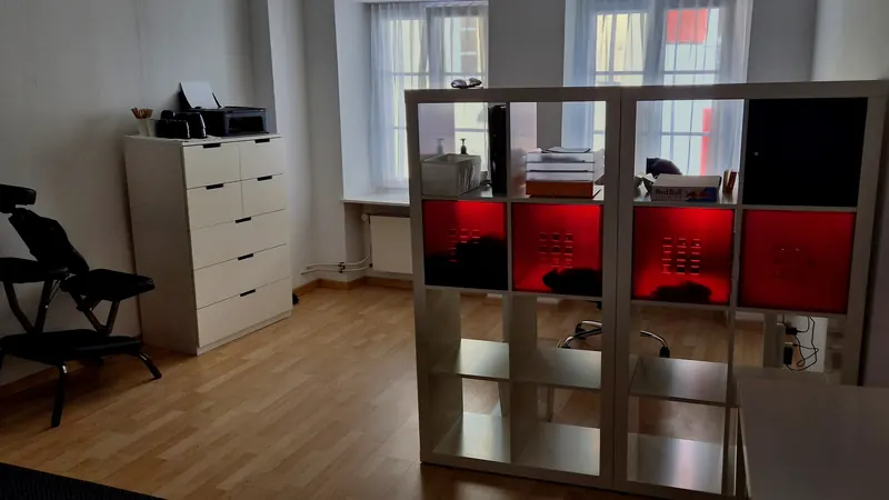 Büro mit Raumteiler-Regal und Kommode