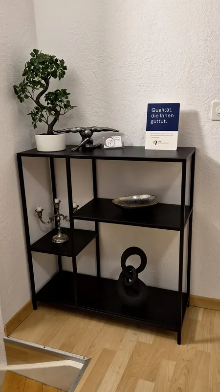 Dekoregal mit Bonsai im Wartebereich